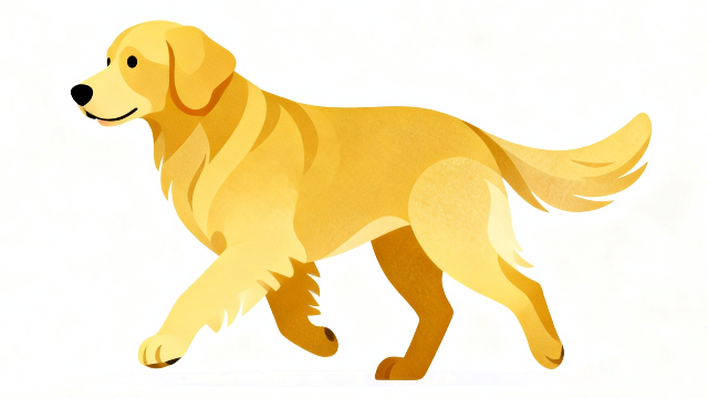 横向きで元気いっぱいに走る、明るい毛色のゴールデンレトリバーのフリーイラスト。ゴールデンレトリバーの白背景のフラットデザインのイラスト。躍動感が感じられる、かわいい犬のイラスト。