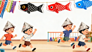 新聞紙の兜をかぶって走る子供たちとこいのぼりのイラスト。こどもの日の面白い雑学や、幼稚園・保育園で話せるネタのアイキャッチ。