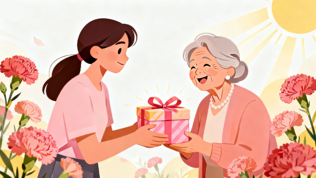 理学療法士監修の、母の日に日頃の感謝の気持ちを込めて、プレゼントを渡す場面のイラスト。