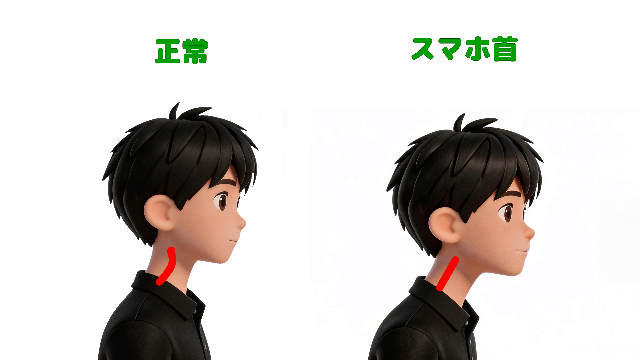 スマホ首、ストレートネックと正常な頭の位置を比較したイラスト2。理学療法士が制作したセルフケアに最適な自主トレ素材。商用無料・白背景・フラットデザインの高品質なフリー画像。