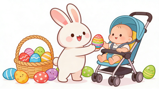 イースターの卵を赤ちゃんに渡すイラスト。理学療法士が制作した幼稚園や保育所のこどもたちにも最適な季節イベント素材。商用無料・白背景・フラットデザインの高品質なフリー画像。