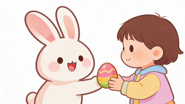 ウサギがこどもにプレゼントをするイラスト