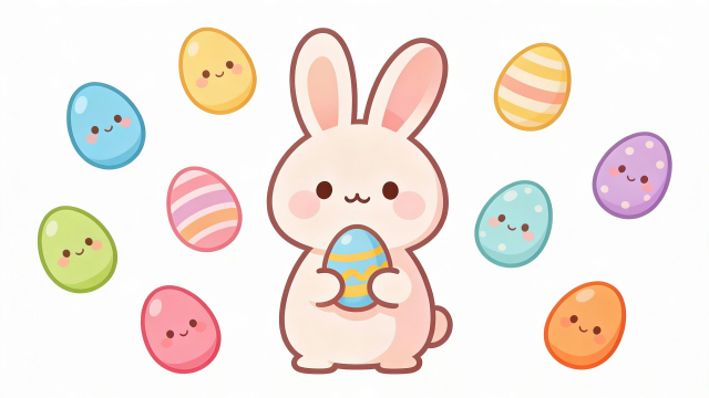 イースターのウサギが卵を抱えているイラスト。理学療法士が制作した幼稚園や保育所のこどもたちにも最適な季節イベント素材。商用無料・白背景・フラットデザインの高品質なフリー画像。