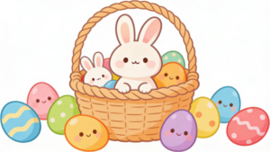 イースターのウサギがたくさんの卵とカゴに入っているイラスト2。理学療法士が制作した幼稚園や保育所のこどもたちにも最適な季節イベント素材。商用無料・白背景・フラットデザインの高品質なフリー画像。