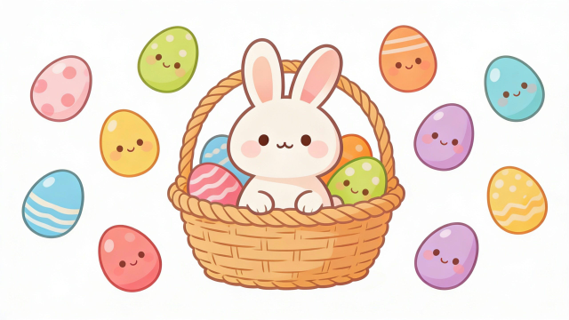 イースターのウサギがたくさんの卵とカゴに入っているイラスト。理学療法士が制作した幼稚園や保育所のこどもたちにも最適な季節イベント素材。商用無料・白背景・フラットデザインの高品質なフリー画像。