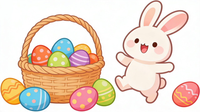 イースターのウサギがカゴに入ったたくさんの卵に喜んでいるイラスト3。理学療法士が制作した幼稚園や保育所のこどもたちにも最適な季節イベント素材。商用無料・白背景・フラットデザインの高品質なフリー画像。