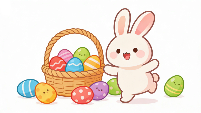 イースターのウサギがカゴに入ったたくさんの卵に喜んでいるイラスト2。理学療法士が制作した幼稚園や保育所のこどもたちにも最適な季節イベント素材。商用無料・白背景・フラットデザインの高品質なフリー画像。