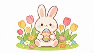 イースターのウサギがお花畑で座っているイラスト。理学療法士が制作した幼稚園や保育所のこどもたちにも最適な季節イベント素材。商用無料・白背景・フラットデザインの高品質なフリー画像。