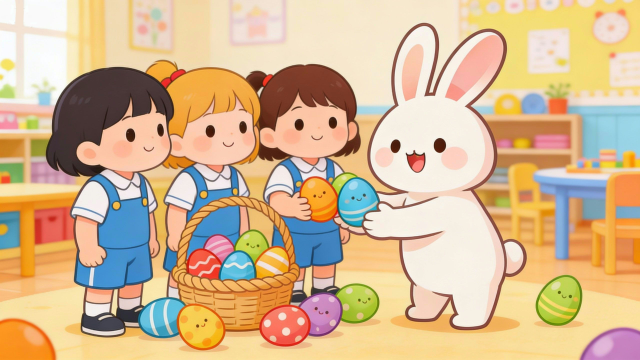 イースターの卵をこどもたちに渡すイラスト。理学療法士が制作した幼稚園や保育所のこどもたちにも最適な季節イベント素材。商用無料・白背景・フラットデザインの高品質なフリー画像。