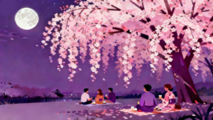 理学療法士監修のしだれ桜の下で夜桜のお花見をするイラスト。