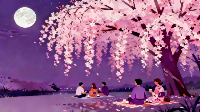 理学療法士監修のしだれ桜の下で夜桜のお花見をするイラスト。