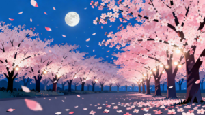 理学療法士監修の夜桜のイラスト。満開の桜に舞う花びらの美しい風景。