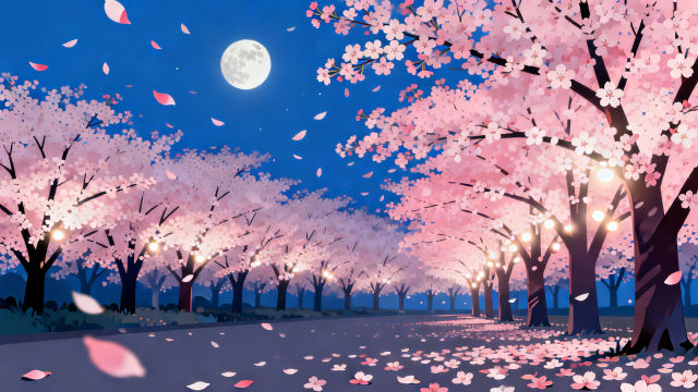 理学療法士監修の夜桜のイラスト。満開の桜に舞う花びらの美しい風景。