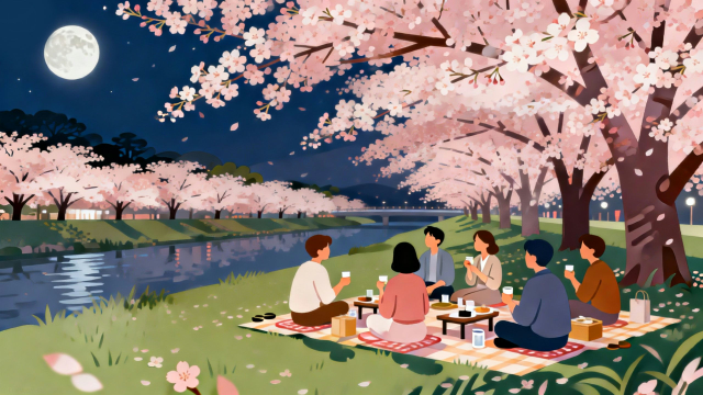 満月と夜桜のお花見無料イラスト｜シンプル・春の風景・商用可