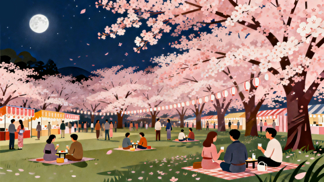 理学療法士監修の夜桜の下でお花見をしているイラスト。