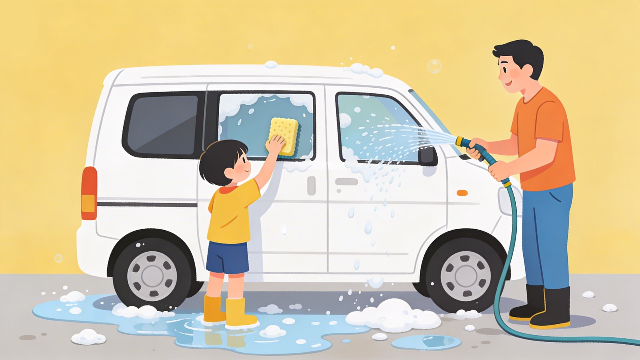 理学療法士監修の、父の日にお父さんと一緒に車を洗うお手伝いをしているフラットデザインイラスト。