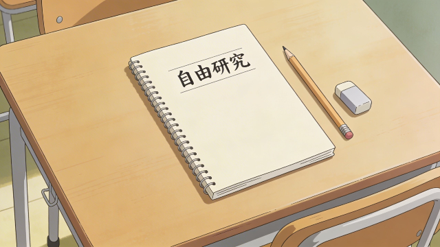 理学療法士監修の自由研究のフラットデザインイラスト。デスク、机の上にノート、鉛筆、消しゴム。