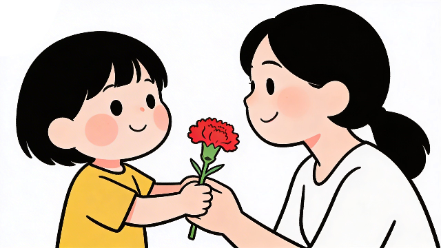 理学療法士監修の母の日にカーネーションを贈る、かわいいこどものイラスト。