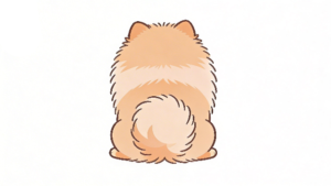 理学療法士監修のふわふわのかわいいポメラニアンがおすわりをしている後ろ姿の白背景イラスト。Pinterestで大人気。