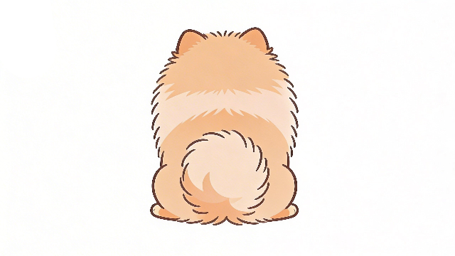 理学療法士監修のふわふわのかわいいポメラニアンがおすわりをしている後ろ姿の白背景イラスト。Pinterestで大人気。