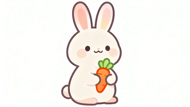 理学療法士監修のニンジンを持ったかわいいうさぎの白背景イラスト。少しななめから。