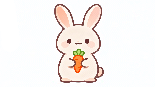 理学療法士監修のニンジンを持ったかわいいうさぎの少し耳が開いた白背景イラスト。