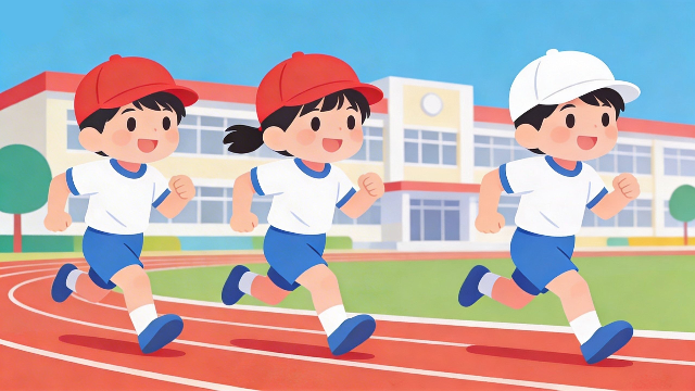理学療法士監修の、小学校の運動会で徒競走をしているフラットデザインイラスト。