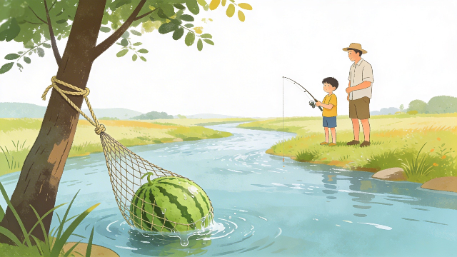 理学療法士監修の夏休みに親子で釣りをして遊んでいるイラスト素材。スイカも冷えている。