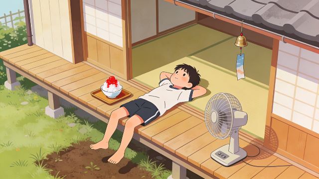 理学療法士監修の夏休みに田舎の縁側で涼んでいるこどものイラスト素材。かき氷、扇風機、風鈴も季節感あり。