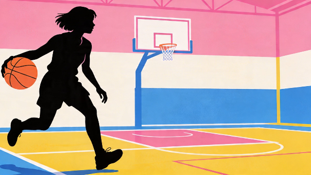 理学療法士監修のバスケットをする女性のシルエットイラスト。