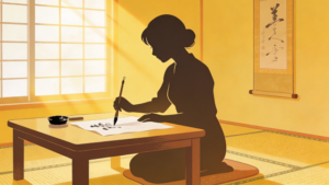 理学療法士監修の、和室で書道をしている女性のシルエットイラスト。早坂美海　書道　演技