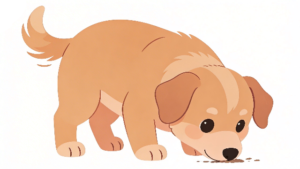 理学療法士監修の地面に鼻をつけて匂いをかいでいる、かわいい犬の白背景フラットイラスト。