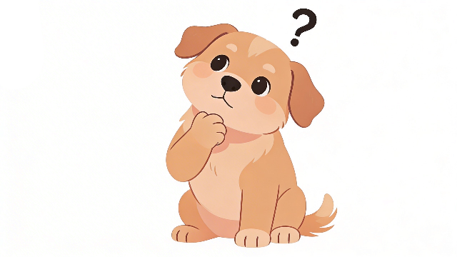 理学療法士監修の首をかしげて疑問を感じているかわいい犬の白背景フラットイラスト。クイズに最適。Pinterestで大人気。