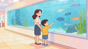 理学療法士監修の水族館で魚を見ている親子のフラットイラスト。