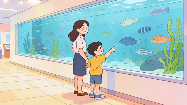 理学療法士監修の水族館で魚を見ている親子のフラットイラスト。
