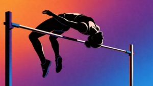 理学療法士監修の走り高跳びをしている女性のフラットデザインイラスト。