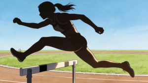 理学療法士監修の女子陸上選手がハードルを跳んでいるシルエットイラスト。