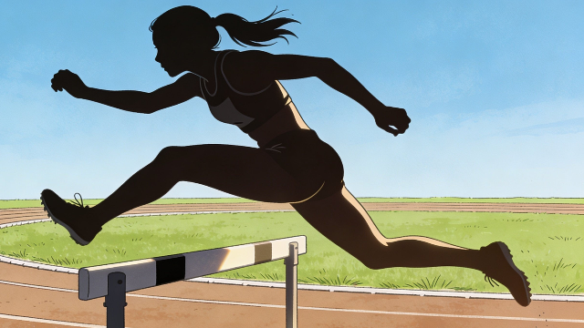 理学療法士監修の女子陸上選手がハードルを跳んでいるシルエットイラスト。
