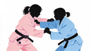 理学療法士監修の柔道をする女性のシルエットイラスト。