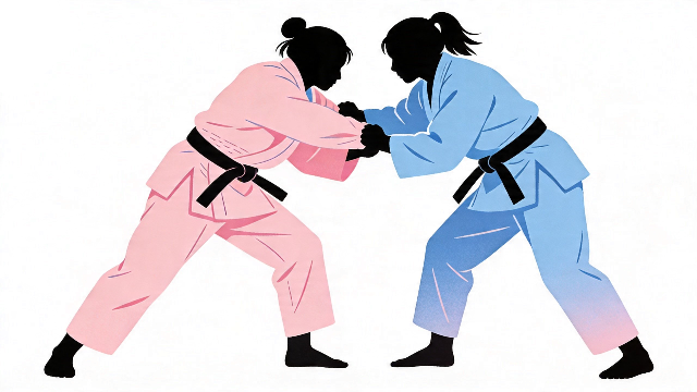 理学療法士監修の柔道をする女性のフラットデザインのシルエットイラスト。