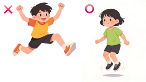 理学療法士監修のこども向けのジャンプ運動の白背景フラットイラスト。幼稚園、保育所、小学校など、先生にもおすすめ。