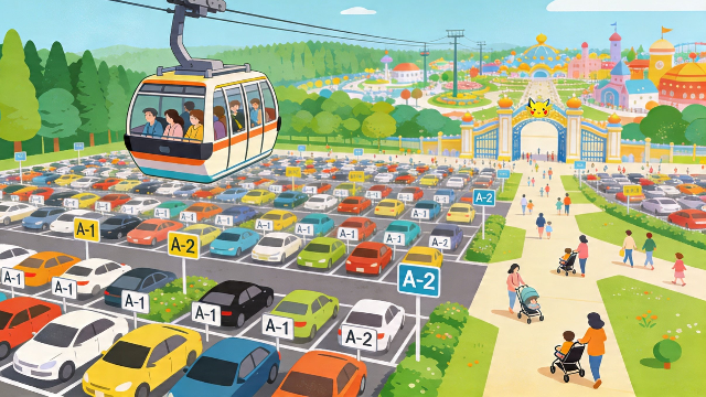 理学療法士監修のテーマパークの駐車場を描いたイラスト。