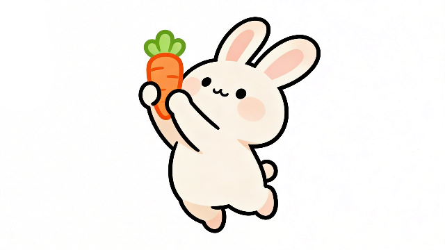 理学療法士監修のニンジンを持ったかわいいうさぎの白背景フラットイラスト。