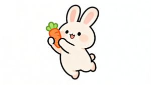 理学療法士監修のニンジンを持ったかわいいうさぎの白背景フラットイラスト。Pinterestで大人気。
