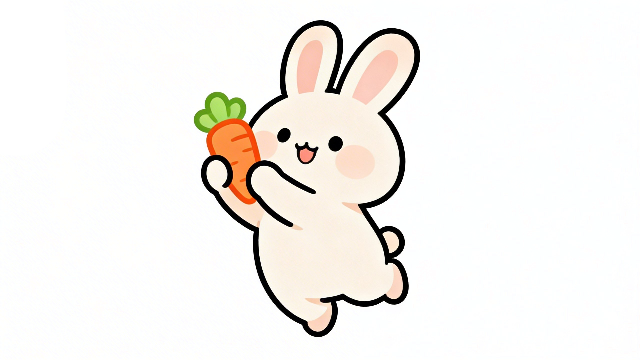 理学療法士監修のニンジンを持ったかわいいうさぎの白背景フラットイラスト。Pinterestで大人気。