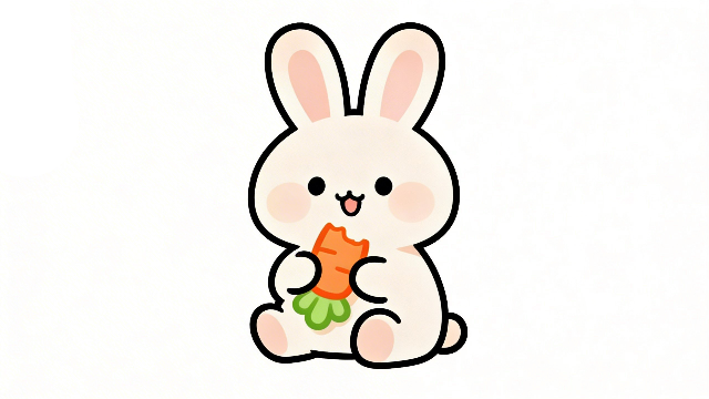 理学療法士監修のニンジンを食べているかわいいうさぎの白背景フラットイラスト。Pinterestで大人気。