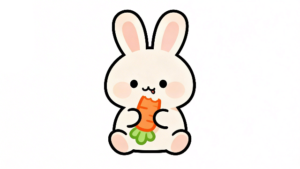 理学療法士監修のニンジンを食べているかわいいうさぎの白背景フラットイラスト。Pinterestで大人気。