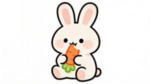 理学療法士監修のニンジンをおいしそうに食べている、かわいいうさぎの白背景フラットイラスト。Pinterestで大人気。