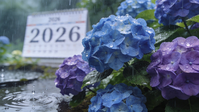 理学療法士監修の2026年の梅雨の時期をイメージした、アジサイのイラスト。