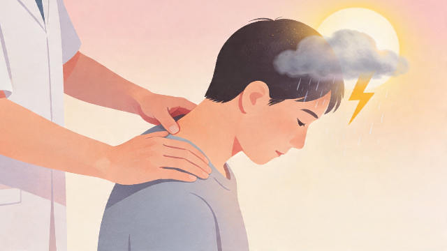 理学療法士監修の気圧による頭痛に悩む男性のイラスト。